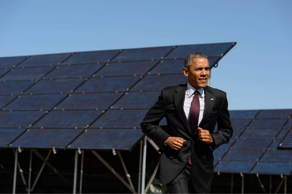 Trent Nelson  |  The Salt Lake Tribune
President Barack Obama prepares to announce a series of solar power initiatives at Hill Air Force Base, Friday April 3, 2015.
