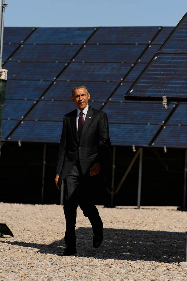 Trent Nelson  |  The Salt Lake Tribune
President Barack Obama prepares to announce a series of solar power initiatives at Hill Air Force Base, Friday April 3, 2015.