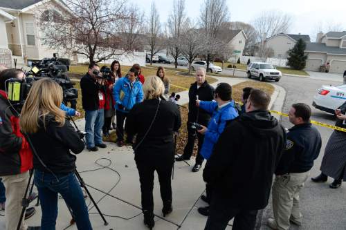 Francisco Kjolseth  |  The Salt Lake Tribune
Deputy Assistant Chief for Draper Police John Eining addresses the media in the Cranberry Hill neighborhood in Draper on Wednesday morning, Jan. 14, 2015, following the shooting of a suspect by a West Valley police officer who was on his way to work. The officer who asked for back up from Draper police when he noticed the individual slumped over his steering wheel, led to a struggle with the individual resisting arrest and brandishing a large kitchen type knife.