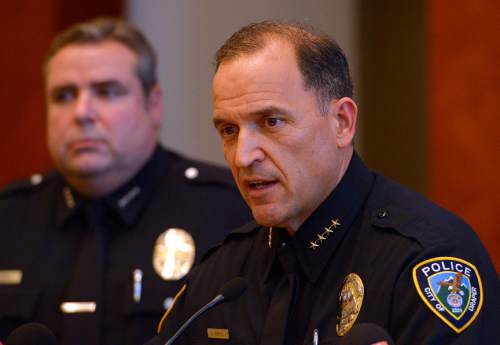 Leah Hogsten  |  The Salt Lake Tribune
l-r West Valley City Police Chief Lee Russo and Draper Police Chief Bryan Roberts discuss details about footage from Sgt. Davis Harris' body camera of the officer involved shooting January 14, 2015 during a press conference Friday, January 16, 2015. Jeffrey R. Nielson, 34, was shot and killed by West Valley City officer Jason Vincent in a Draper neighborhood Wednesday morning. In the video, Nielson broke free of the officers while they were changing handcuffs on Nielson, ran to the truck and pulled the butcher knife from the glovebox while trying to escape arrest.