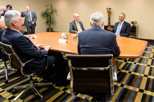 Trent Nelson  |  The Salt Lake Tribune
President Barack Obama meets with leaders of The Church of Jesus Christ of Latter-day Saints at the Sheraton Hotel during visit to Utah, Thursday April 2, 2015. Left to right are  L. Tom Perry, Dieter F. Uchtdorf, Henry B. Eyring, D. Todd Christofferson, and President Obama.