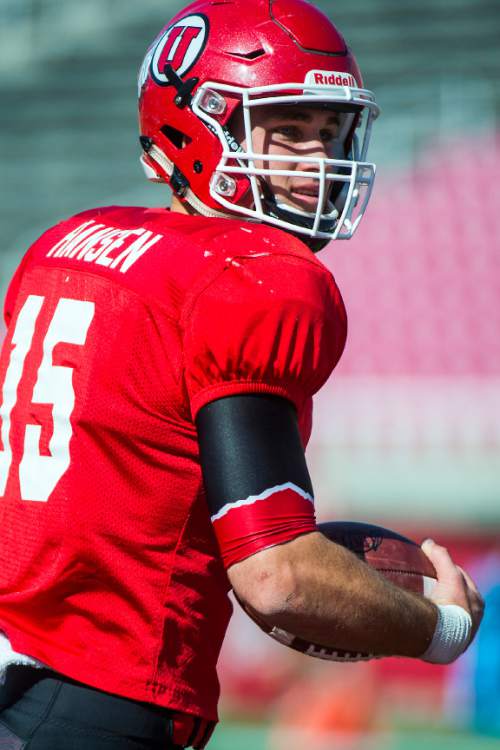 Chris Detrick  |  The Salt Lake Tribune
Utah Utes quarterback Chase Hansen (15) during a practice at Rice-Eccles Stadium Friday April 3, 2015.