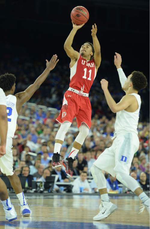 Steve Griffin  |  The Salt Lake Tribune

Utah Utes guard Brandon Taylor (11) nails a three pointer during second half action in the University of Utah versus Duke University Sweet 16 game in the 2015 NCAA Menís Basketball Championship Regional Semifinal game at NRG Stadium in Houston, Friday, March 27, 2015.