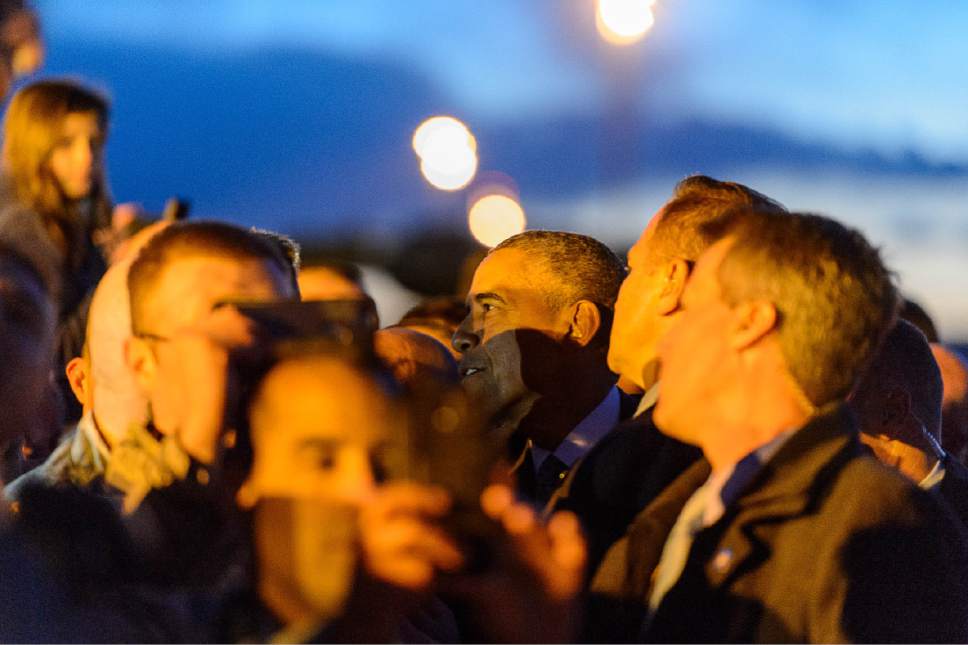 Trent Nelson  |  The Salt Lake Tribune
President Barack Obama greets onlookers after landing at Hill Air Force Base, Thursday April 2, 2015.
