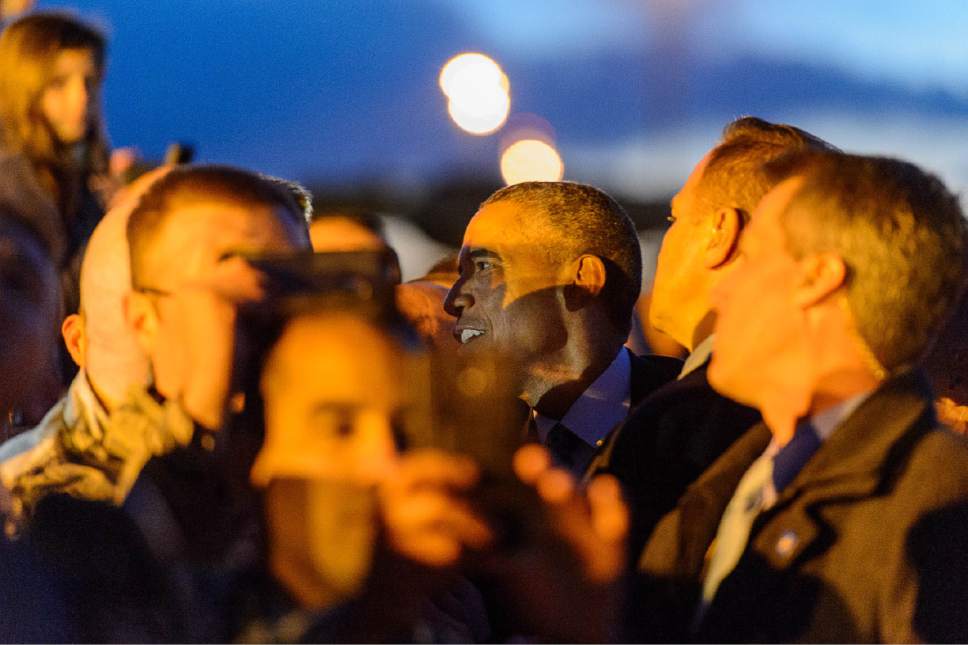 Trent Nelson  |  The Salt Lake Tribune
President Barack Obama greets onlookers after landing at Hill Air Force Base, Thursday April 2, 2015.