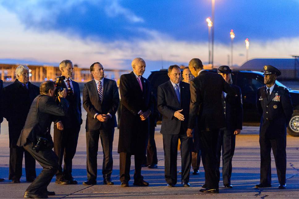 Trent Nelson  |  The Salt Lake Tribune
President Barack Obama greets Utah Governor Gary Herbert after landing at Hill Air Force Base, Thursday April 2, 2015.
