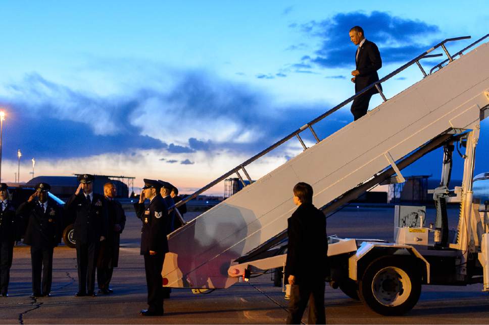 Trent Nelson  |  The Salt Lake Tribune
President Barack Obama exits Air Force One after landing at Hill Air Force Base, Thursday April 2, 2015.