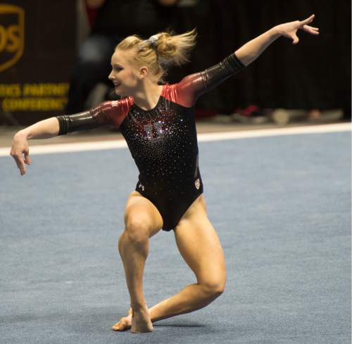 Rick Egan  |  The Salt Lake Tribune

Georgia Dabritz competes on the floor for the Utes, in the Pac-12 Gymnastics Championships at the Huntsman Center, Saturday, March 21, 2015.