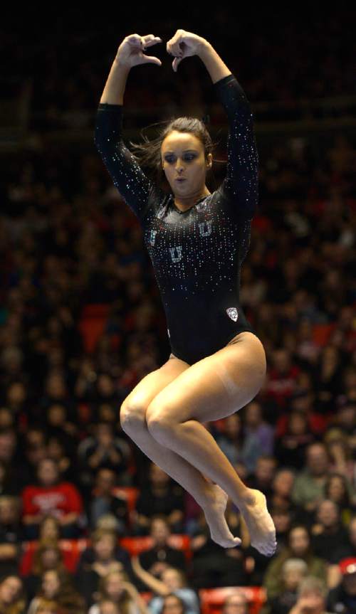 Rick Egan  | The Salt Lake Tribune 

Kailah Delaney competes on the beam for the Utes, in Pac12 gymnastics competition, Utah vs. UCLA, at the Huntsman Center, Saturday, January 25, 2014.