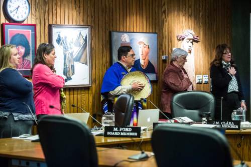 Chris Detrick  |  The Salt Lake Tribune
Salt Lake City School District board member Michael Clara says the Pledge of Allegiance during a school board meeting as "Frito Bandito" Tuesday April 7, 2015.