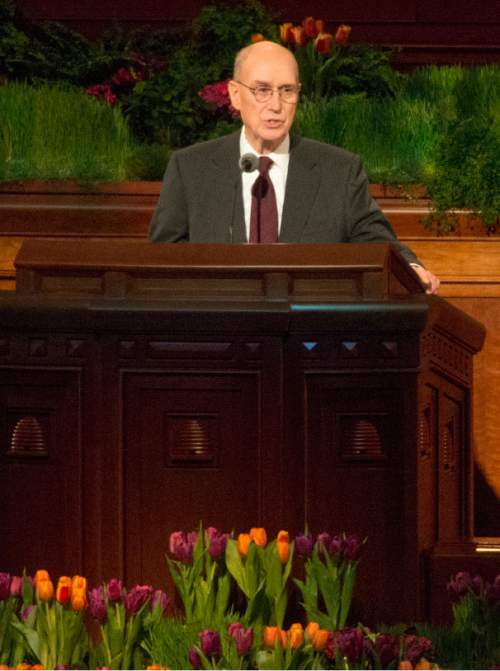 Rick Egan  |  The Salt Lake Tribune

President Henry B. Eyring speaks at the first session of the 185th LDS General Conference, designated as the General Women's Meeting, attended by all LDS females 8-years-old and older, Saturday, March 28, 2015.