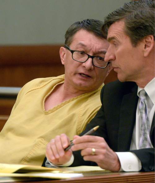 Al Hartmann  |  The Salt Lake Tribune 
Larry Graff, 52, charged with first-degree felony murder in the fatal shooting of 26-year-old Candice Christina Melo, appears for a preliminary hearing with defense lawyer Greg Skordas in 3rd District Court in West Jordan Wednesday April 8, 2015.