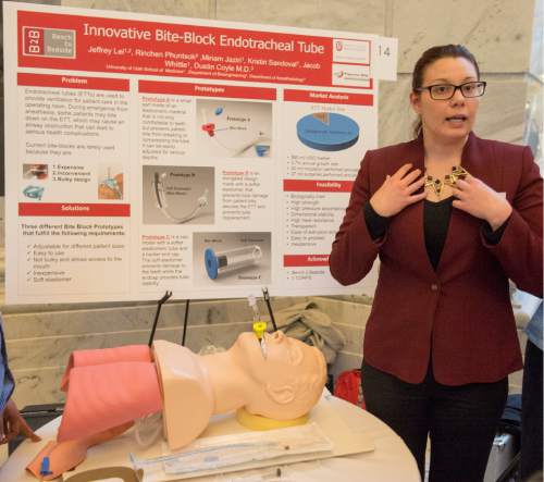 Rick Egan  |  The Salt Lake Tribune

Kristin Sandoval talks about the Bite-Block Tube her team developed as University of Utah students showcased a variety of inventions during the fifth annual Bench-2-Bedside (B2B) competition at the Utah State Capitol Rotunda, Wednesday, April 8, 2015.