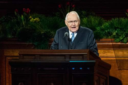 Chris Detrick  |  The Salt Lake Tribune
Elder L. Tom Perry, of the Quorum of the Twelve Apostles, speaks during the 185th Annual LDS General Conference Saturday April 4, 2015.