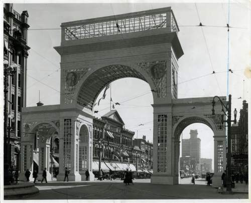 Tribune file photo

This arch at the intersection of Main Street and South Temple in Salt Lake City was used for a three-day festival that started on Sept. 11, 1916.