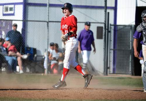 Scott Sommerdorf   |  The Salt Lake Tribune
American Fork's Derek Hardman lets out a shot as he scores to give the Cavemen a 2-1 lead. American Fork defeated Lehi 3-1, Friday, April 10, 2015.