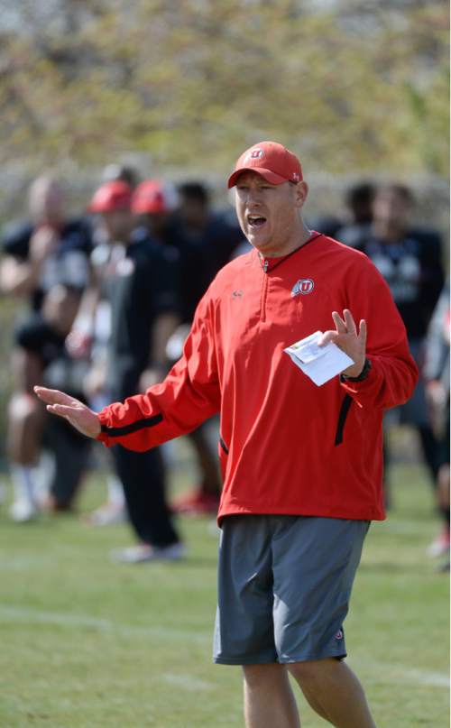 Francisco Kjolseth  |  The Salt Lake Tribune 
Jim Harding is the tallest coach on the field and his bark is a constant presence at Utah football practice.