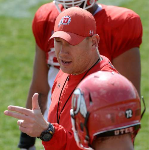 Francisco Kjolseth  |  The Salt Lake Tribune 
Jim Harding is the tallest coach on the field and his bark is a constant presence at Utah football practice.