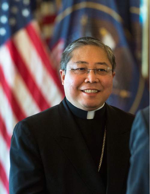 Steve Griffin  |  The Salt Lake Tribune

Archbishop Bernardito Auza, Permanent Observer of the Holy See to the UN, visits Utah to talk about religious freedom with Gov. Gary Herbert in the Utah Capitol, Gold Room in Salt Lake City, Monday, April 13, 2015.