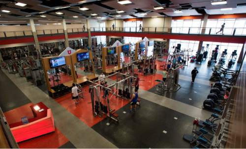 Rick Egan  |  The Salt Lake Tribune

The track circles the weight room, in the new Spencer Eccles Student Life Center at the University of Utah, Thursday, February 26, 2015