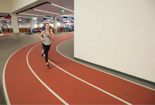 Rick Egan  |  The Salt Lake Tribune

A running track circles the basketball courts in the new Spencer Eccles Student Life Center at the University of Utah, Thursday, February 26, 2015