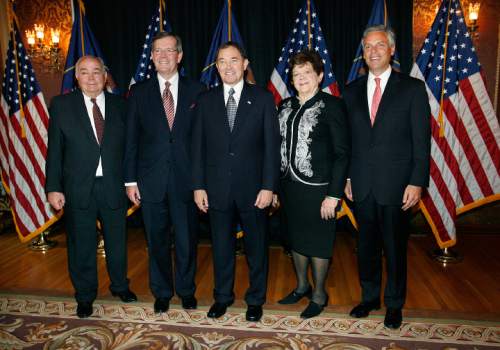 Scott Sommerdorf  l  Tribune file photo
Prior to the inauguration of Utah Gov. Gary R. Herbert as the 17th governor of the State of Utah, Monday, Jan. 3, 2011, a group of former governors posed for a photo with the latest of their line in the Gold Room of the State Capitol. From left to right: Gov. Norman H. Bangerter, Gov. Mike Leavitt, Gov. Gary R. Herbert, Gov. Olene S. Walker and Gov. Jon Huntsman Jr.