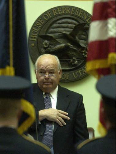 (Ryan Galbraith  |  Tribune file photo) 
Former Utah Governor Norm Bangerter as the colors were posted the opening day of Utah's 2003 Legislature at the State Capitol. Bangerter led the swearing-in ceremony in the House of Representatives.