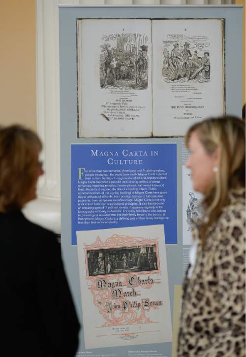 Francisco Kjolseth  |  The Salt Lake Tribune 
The Utah State Courts holds a ceremony at the Matheson Courthouse to recognize the 800-year anniversary of the signing of the Magna Carta. A traveling exhibit of the Magna Carta, organized by the Utah State Bar, will be on display from April 15 through 17 in the Matheson Courthouse rotunda.