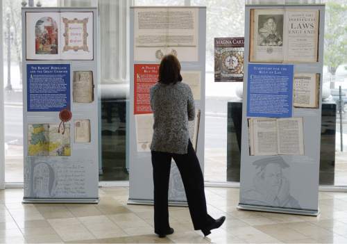 Francisco Kjolseth  |  The Salt Lake Tribune 
The Utah State Courts holds a ceremony at the Matheson Courthouse to recognize the 800-year anniversary of the signing of the Magna Carta. A traveling exhibit of the Magna Carta, organized by the Utah State Bar, will be on display from April 15 through 17 in the Matheson Courthouse rotunda.