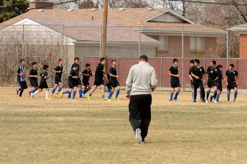 Trent Nelson  |  The Salt Lake Tribune
Soccer coach Tyler Stockstill supervises a team workout. Stockstill founded the Utah Development Academy in 2012 to help youth develop character, health, and academic leadership through soccer. The UDA is online at http://udasoccer.org. Saturday March 14, 2015.