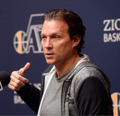 Al Hartmann  |  The Salt Lake Tribune 
Jazz first-year coach Quin Snyder answers a reporter's question during the last media availability of the season at the team's practice facility in Salt Lake City Thursday April 16, 2015. Players cleaned out their lockers Thursday after Wednesday night's loss to the Houston Rockets to finish with a 38-44 record for the season.