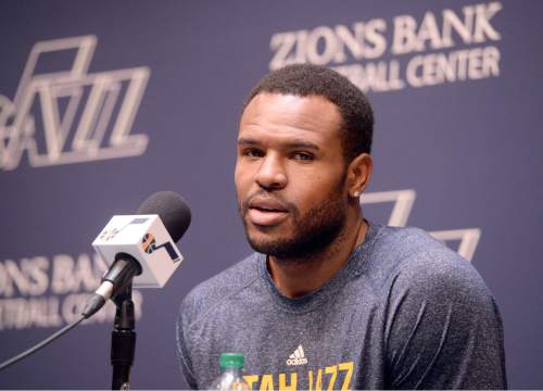 Al Hartmann  |  The Salt Lake Tribune 
Jazz forward Trevor Booker answers reporter's question during last media availability of the season at the team's practice facility in Salt Lake City Wednesday April 16.  Players cleaned out their lockers this morning after last night's loss to the Houston Rockets to finish with a 38-44 record for the season.