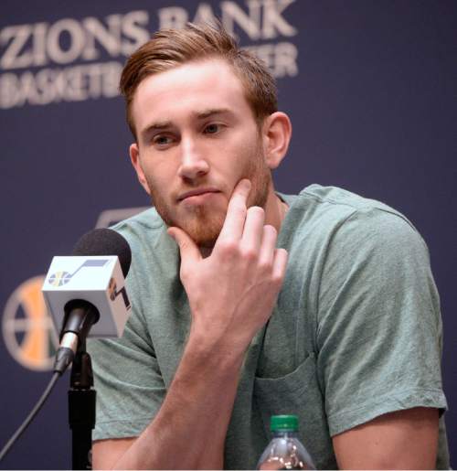 Al Hartmann  |  The Salt Lake Tribune 
Jazz forward Gordon Hayward answers reporter's question during last media availability of the season at the team's practice facility in Salt Lake City Wednesday April 16.  Players cleaned out their lockers this morning after last night's loss to the Houston Rockets to finish with a 38-44 record for the season.