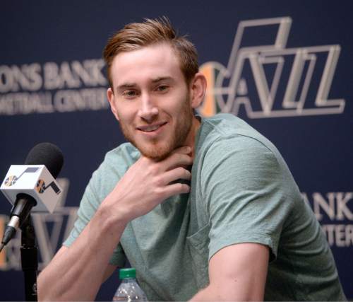 Al Hartmann  |  The Salt Lake Tribune 
Jazz forward Gordon Hayward answers a reporter's question during the last media availability of the season at the team's practice facility in Salt Lake City Thursday, April 16, 2015.  Players cleaned out their lockers Thursday after Wednesday night's loss to the Houston Rockets to finish with a 38-44 record for the season.