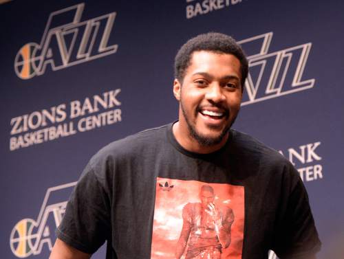 Al Hartmann  |  The Salt Lake Tribune 
Jazz forward Derrick Favors answers reporter's question during last media availability of the season at the team's practice facility in Salt Lake City Wednesday April 16.  Players cleaned out their lockers this morning after last night's loss to the Houston Rockets to finish with a 38-44 record for the season.