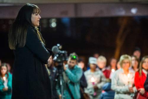 Chris Detrick  |  The Salt Lake Tribune
Amy Flugal speaks about her cousin during a Candlelight vigil for Kayelyn Louder at Murray Park Thursday December 4, 2014.  Louder, 30, disappeared from her Murray residence on Sept. 27. Her body was found in the Jordan River on Dec. 1.