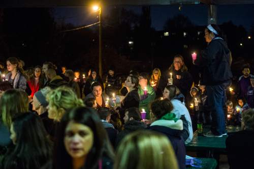 Chris Detrick  |  The Salt Lake Tribune
Family, friends and community members attend a Candlelight vigil for Kayelyn Louder at Murray Park Thursday December 4, 2014.  Louder, 30, disappeared from her Murray residence on Sept. 27. Her body was found in the Jordan River on Dec. 1.