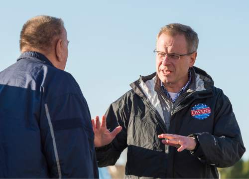 Rick Egan  |  The Salt Lake Tribune

Congressional candidate Doug Owens talks to Larry Kern as he campaigns in a shopping center in West Jordan, Monday, November 3, 2014