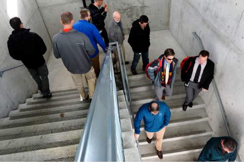 Scott Sommerdorf   |  The Salt Lake Tribune
Workers begin to file out as they evacuate the State Office Building during the annual Great Utah ShakeOut earthquake drill at the Utah State Capitol complex, Thursday, April 16, 2015.