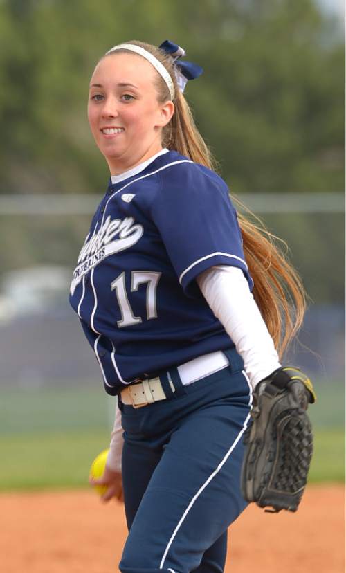 Leah Hogsten  |  The Salt Lake Tribune
Hunter starting pitcher Anna Driffill. Taylorsville High School girls softball team defeated Hunter High School 7-6 during their game in Taylorsville, Friday, April 17, 2015.
