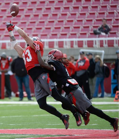 Francisco Kjolseth  |  The Salt Lake Tribune 
Wide receiver Jameson Field reaches out for a missed attempt as the University of Utah football team practices at Rice Eccles stadium on Thursday, April 16, 2015.