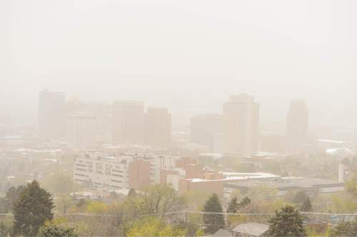 Trent Nelson  |  The Salt Lake Tribune
Dust and wind fills the Salt Lake Valley, as seen from the upper Avenues, Tuesday April 14, 2015.