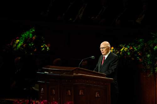 Chris Detrick  |  The Salt Lake Tribune
LDS apostle Dallin H. Oaks, speaking in October 2014, urges Mormons to be civil when political and policy disagreements arise.