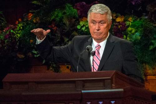 Chris Detrick  |  The Salt Lake Tribune
President Dieter F. Uchtdorf, second counselor in the First Presidency, speaks during the morning session of the 184th Semiannual General Conference of The Church of Jesus Christ of Latter-day Saints at the Conference Center in Salt Lake City Saturday October 4, 2014.