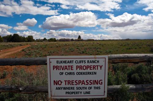 Chris Detrick  |  The Salt Lake Tribune
A sign at the entrance of Chris Odekerken's Elkheart Cliff Ranch on his property on Glendale Bench Wednesday May 8, 2013.