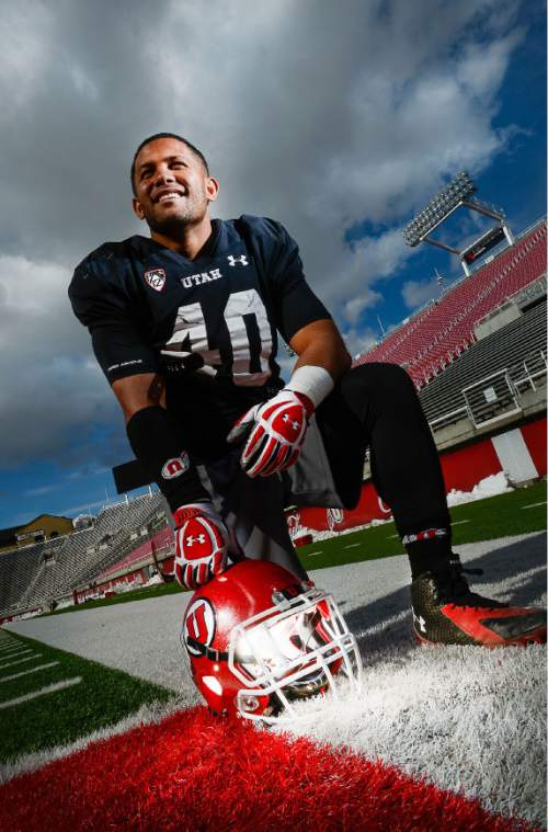 Francisco Kjolseth  |  The Salt Lake Tribune 
Sunia Tauteoli (40) is just now playing Division I football after graduating from high school in 2009, serving an LDS mission to Houston, playing at Snow College in 2013, committing to play at Utah State, and deciding to sit out last season and come to Utah instead. The aggressive sophomore linebacker has a softer side, and part of his time last year was spent as a counselor to troubled teens.