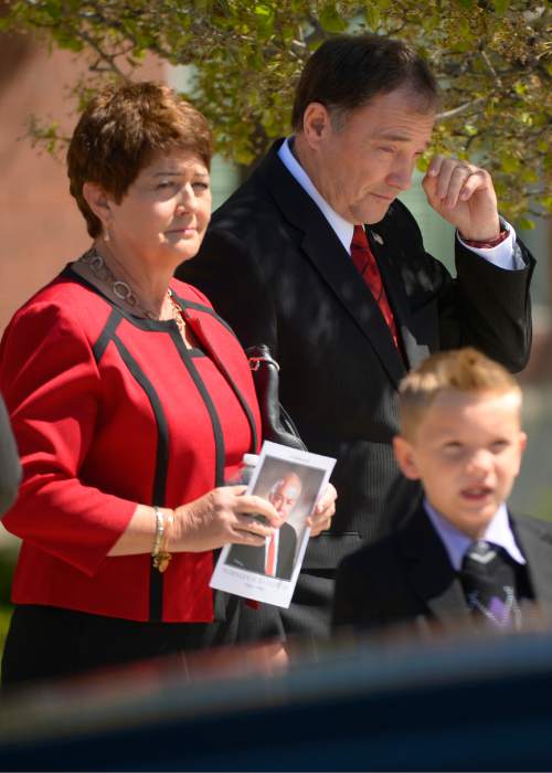 Leah Hogsten  |  The Salt Lake Tribune
Utah Governor Gary Herbert and his wife Jeanette at the funeral for Norm Bangerter file out of the LDS Institute of Religion on the campus of Salt Lake Community College in West Jordan, Saturday, April 18, 2015. Norm Bangerter, who served two terms as Utah's 13th governor and guided the state through floods and a sinking economy while buoying up public schools, died Tuesday after suffering a stroke.