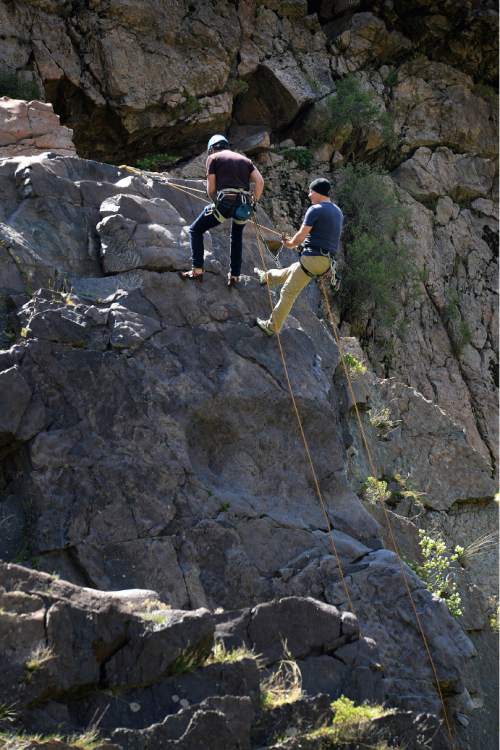 Scott Sommerdorf   |  The Salt Lake Tribune
Climbers work together as they climb on the south side of Big Cottonwood Canyon, Sunday, April 19, 2015.