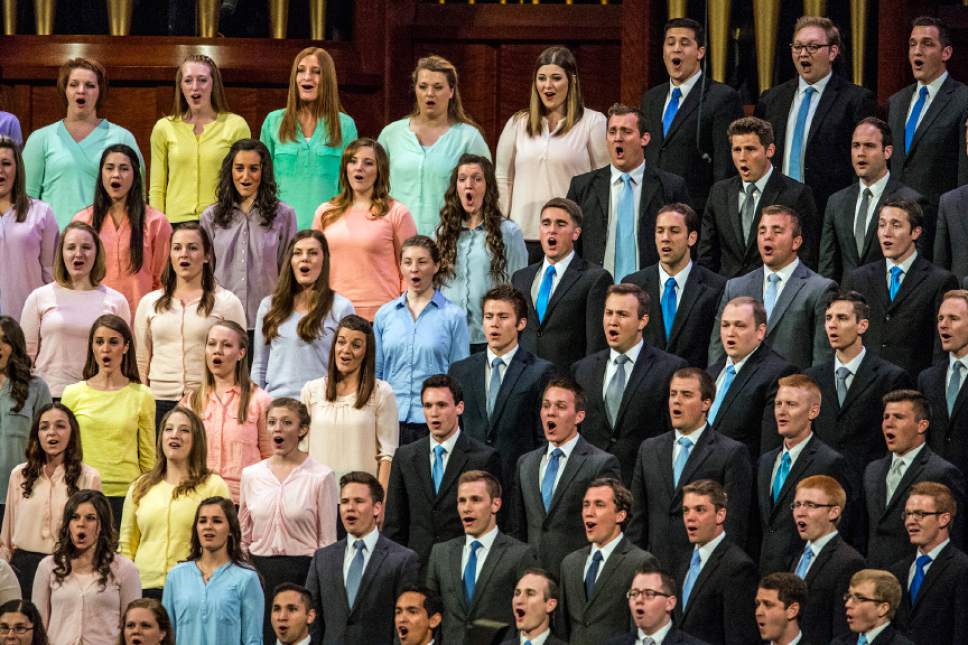 Chris Detrick  |  The Salt Lake Tribune
Single men and women from Davis and Weber counties sing during the afternoon session of the 185th Annual LDS General Conference Saturday April 4, 2015.