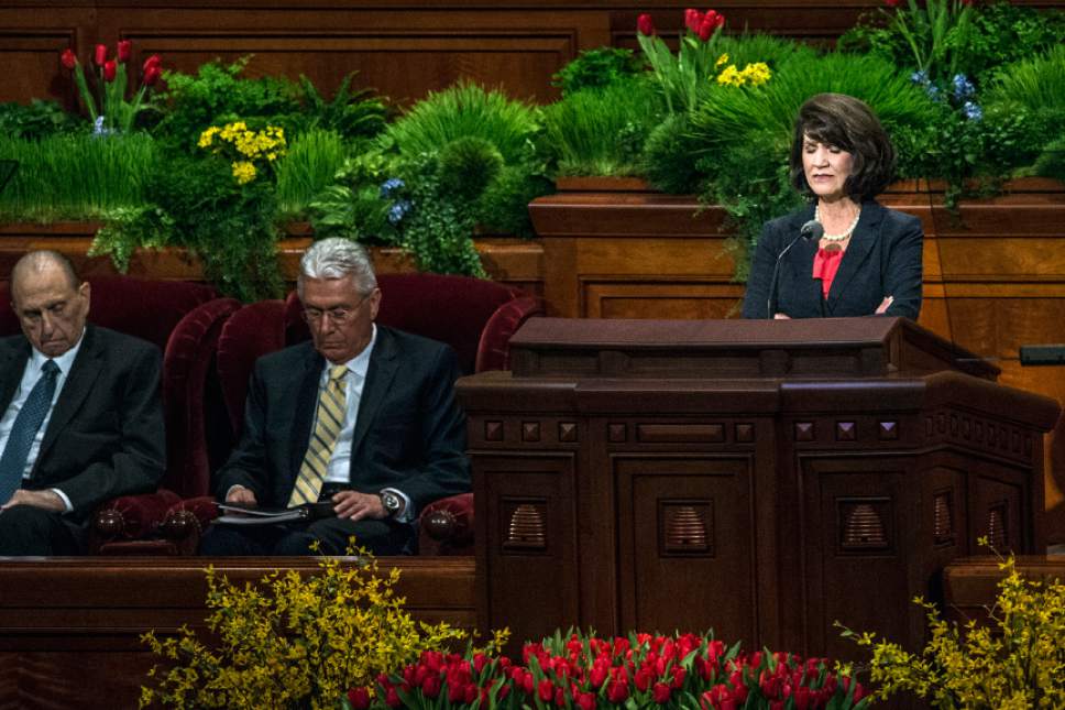 Chris Detrick  |  The Salt Lake Tribune
Sister Jean A. Stevens, first counselor in the Primary General Presidency, prays during the afternoon session of the 185th Annual LDS General Conference Saturday April 4, 2015.